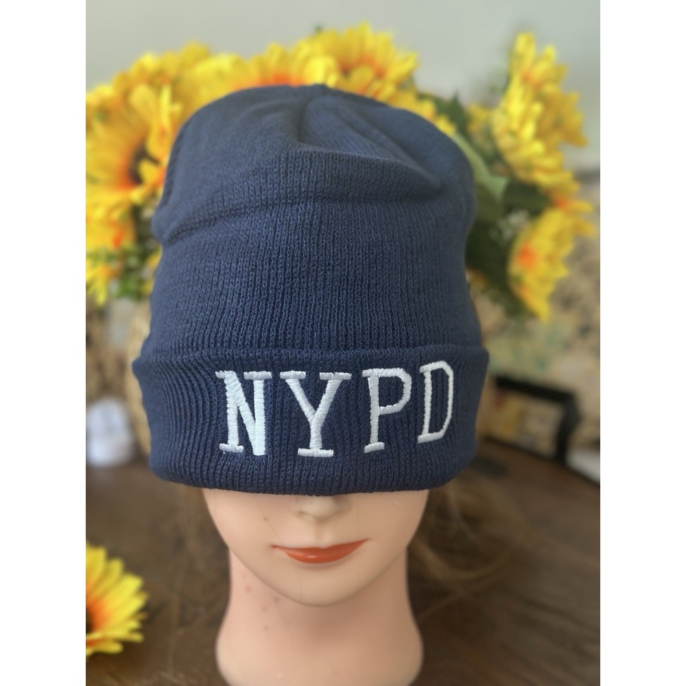 NYPD Navy Blue Knit Beanie Winter Hat Embroidered Police Logo One Size